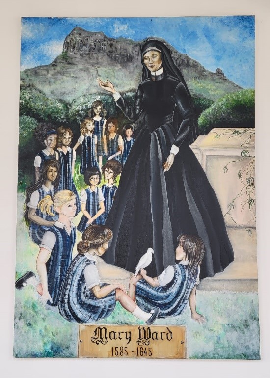 I share this image where you can see the students who are in their school uniform surrounding Mary Ward. In this painting, we see Mary Ward with one hand towards the girls and the other raised. This shows that Mary Ward is offering a hand to lift the girls up. The white bird represents the Holy Spirit. The blue sky shows the sky of Mauritius and the trees shows the beauty of nature in Mauritius.